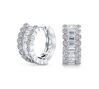 Bridal AAA CZ Emerald Cut Bezel Set Milgrain Edge Cubic Zirconia Mini Hoop Huggie Earrings For Women Wedding Prom Holiday Formal Party Silver Plated 0.5 Inch Diameter