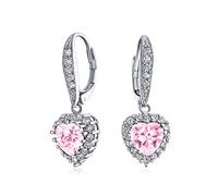 Bridal Anniversary Wedding Romantic 4CT AAA CZ Pink Halo Heart Shaped Cubic Zirconia Dangle Lever back Earrings For Women Girlfriend Invisible Cut Rhodium Plated