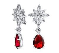 Bridal Art Deco Style Cluster Floral AAA CZ Red Statement Dangle Teardrop Chandelier Clip On Earrings For Women Simulated Ruby Silver Plated