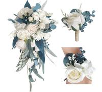 Bridal Bouquet Artificial Rose Wedding Bouquets Boutonniere Wrist Corsages Set,Handmade Bride Bridesmaid Bouquets Valentine's Day Confession Party Church (Long Bouquet Set)