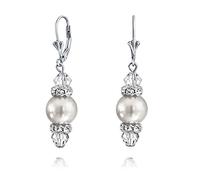 Bridal Clear White Rondelle Crystal Dangle Drop Lever Back Simulated Pearl Dangle Earrings For Women Teen .925 Sterling Silver