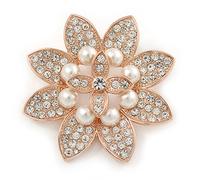 Bridal Crystal, Glass Pearl Flower Brooch In Rose Gold Tone - 55mm D