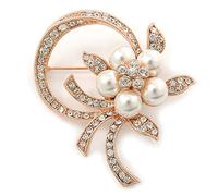 Bridal Crystal, Similutated Pearl Flower Brooch In Rose Tone Gold - 50mm Across