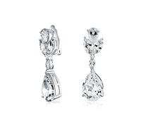 Bridal Cubic Zirconia AAA CZ Pear Shape Teardrop Drop Dangle Clip-On Earrings For Women For Prom Silver Plated Brass