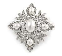 Bridal Diamante Imitation Pearl Brooch In Rhodium Plating - 6cm Length