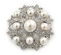 Bridal Diamante/Simulated Pearl Corsage Brooch In Rhodium Plating - 5cm Diameter
