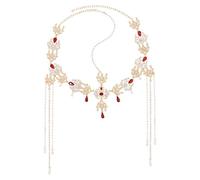 Bridal Elegant Headpiece For Weddings, Crystal Diamante & Pearl Chain Bohemian Wedding Hair Accessories, Red Water Drop Gem Tassel Headband For Formal Occasions