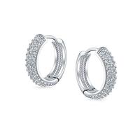 Bridal Fashion Wedding 3 Three Row Cubic Zirconia Pave CZ Endless Huggie Hoop Earrings For Women Hinged Silver Plated .65 Inch Diameter