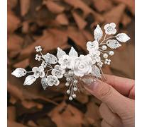 Bridal Flower Wedding Hair Comb Silver Pearl Headpiece Leaf Wedding Side Comb Bridal Hair Jewelry for Women and Girls Silver