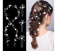 Bridal Hair Vine with 3Pcs Pearl Flower Hair Pins, Silver Bride Flower Headpiece Hairband for Women Girls Wedding Bridesmaids