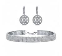 Bridal Holiday Crystal 5-Row Statement Choker Necklace & Vintage Circle Round Compass Cubic Zirconia CZ Dangle Chandelier Earrings Jewelry Set for Women Silver Plated