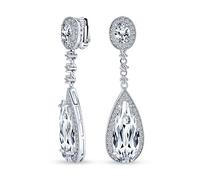 Bridal Long Teardrop Cubic Zirconia Dangle CZ Prom Statement Screw Clip On Earrings For Women Silver Plated Brass