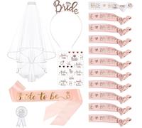 Bridal Party Accessories Set, White Veil with Comb, Rose Gold Bride Headband, Bride to Be Sash, Hair Ties and Temporary Tattoos, 16 Pieces