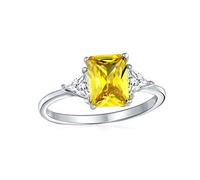 Bridal Past Present Future 3 Stone CZ Canary Yellow AAA Cubic Zirconia Rectangle Solitaire Emerald Cut Engagement Ring Trillion Cut Side Accent .925 Sterling Silver