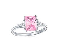 Bridal Past Present Future 3 Stone CZ Pink AAA Cubic Zirconia Rectangle Solitaire Emerald Cut Engagement Ring Trillion Cut Side Accent .925 Sterling Silver