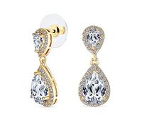 Bridal Pave Halo Dangle Teardrop Cubic Zirconia AAA CZ Drop Earrings For Wedding Women Prom Teen Yellow Gold Plated Brass