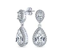 Bridal Pave Halo Dangle Teardrop Cubic Zirconia AAA CZ Drop Earrings For Women Wedding Prom Silver Plated Brass