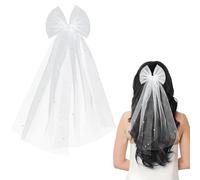 Bridal Pearl Bow Veil, Short Communion Veils Bridal with White Pearl Bow Veil Hair Clip Vintage Bride to Be Veil Bridesmaid Hair Accessories for Hen Party Holy Communion Bachelorette Party
