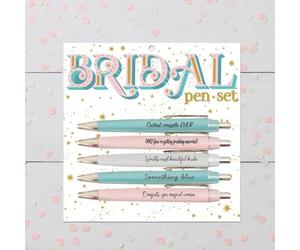 Bridal Pen Set with Gold Accents, Wedding Themed Ballpoint Pens, Pink Blue White, 5 Pack Gift Set | Novelty gift | Hen party secret santa
