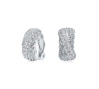 Bridal Prom Criss Cross Twisted Row Pave Crystal Dome Half Hoop Clip On Earrings Non Pierced Ears Silver Plated Brass
