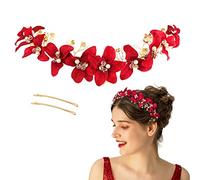 Bridal Red Crystal Headband Princess Flower Hair Vine Headpiece Pearl Wedding Queen Crowns and Tiaras Bride Floral Red Headband for Women and Girls Halloween Decor