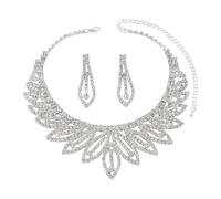 Bridal Rhinestone Jewelry Set for Women Silver Plated Sparkling Crystal Teardrop Leaf Adjustable Chain Choker Necklace Drop Earrings Set for Wedding Prom Pageant Formal Party Costume Fashion Jewelry