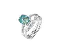 Bridal Ring Set, Promise Ring Daughter 2 Ring Set with Green Oval Shape 2ct Moissanite 9K White Gold Size S 1/2