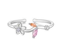 Bridal Rings, Vintage Rings Set 9K White Gold Flower Leaf Open Ring Adjustable with Pink Marquise Crystal Size S 1/2