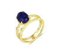 Bridal Sets Wedding Rings, Gold Wedding Band for Women Oval with Blue Lapis Lazuli 9K Yellow Gold Size J 1/2