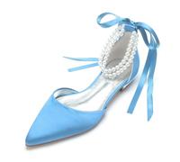 Bridal Shoes Women's Pointed Toe Satin Pearl Wedding Flats Comfortable with Ankle Strap Prom Party Shoes 1.5Cm,Sky Blue,5 UK