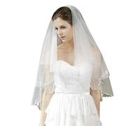 Bridal Short Lace Wedding Veil White With Crystals Sequins Handmade 2 Tier Elegant Bride Veils With Comb Lace Edge Appliques Women Beautiful Wedding Hen Party Accessories Length 39"&59" Two Size