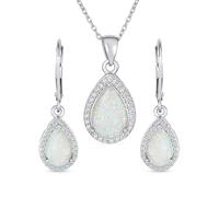 Bridal Traditional Elegant Gemstone CZ Accent Halo Solitaire White Created Opal Teardrop Earrings Pendant Jewelry Set For Women .925 Sterling Silver