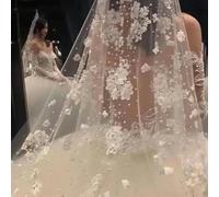 Bridal Veils Pearl Lace Flowers Rhinestone Veil 3 Yards Fairy Beauty Dream Wedding Veil Mariage velo de novia-Beige