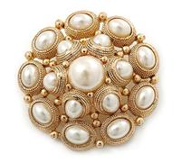 Bridal Vintage Inspired White Simulated Pearl 'Dome' Brooch In Gold Plating - 47mm Diameter