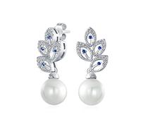 Bridal Vintage Style Blue CZ Statement Fashion Leaf White Simulated Pearl Drop Earrings For Women For Prom Silver Plated