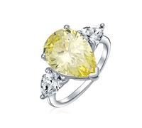 Bridal Wedding 7CT Canary Yellow AAA CZ Pear Shaped Brilliant Cut Solitaire Teardrop Statement Engagement Ring For Women Thin Band .925 Sterling Silver Cubic Zirconia Trillion Side Stones