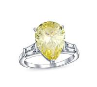 Bridal Wedding 7CT Canary Yellow AAA CZ Pear Shaped Brilliant Cut Solitaire Teardrop Statement Engagement Ring For Women Thin Band .925 Sterling Silver Cubic Zirconia Baguette Side Stones