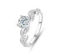Bridal Wedding Band, Promise Ring to Self Leaf with 1ct Round Moissanite 18K White Gold Size J 1/2