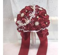 Bridal Wedding Bouquet Round, Artificial Roses Flowers for Bride with Bling Rhinestone Pearl, Bridesmaid Holding Flowers for Wedding Church Decoration (Wine Red)