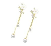Bridal Wedding Earrings Chain Dangle Simulated Pearl Flower CZ Accent Gold or Silver Plated High Polished Ear Studs Simulated Pearl Flower Earrings for Wedding, フリーサイズ