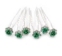 Bridal/Wedding/Prom/Party Set Of 6 Clear Austrian Crystal Green Rose Flower Hair Pins In Silver Tone