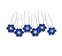 Bridal/Wedding/Prom/Party Set Of 6 Sapphired Blue Austrian Crystal Daisy Flower Hair Pins In Silver Tone