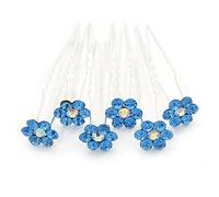 Bridal/Wedding/Prom/Party Set Of 6 Sky Blue Austrian Crystal Daisy Flower Hair Pins In Silver Tone