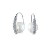 Bridal White Ball Simulated Pearl Cubic Zirconia Pave CZ Wire Threader Earrings For Women Silver Plated Brass
