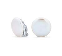 Bridal White Biwa Coin Freshwater Cultured Pearl Clip On Earrings For Women Non Pierced Ear .925 Sterling Silver