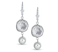 Bridal White Coin Biwa Cultured Pearl Lever back Dangle Earrings For Women .925 Sterling Silver