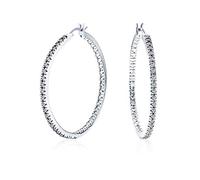 Bridal White Cubic Zirconia Pave CZ Thin Inside Out Large Big Hoop Earrings For Women Wedding Prom Silver Plated 1.75 Inch Diameter