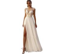 Bridal White Wedding Dresses - Temperament Lace See-Through mesh Crew Neck Lawn Wedding Dress, Elegant Slim fit Front Split Bridal Gown Long Prom Party Evening Dress,White,S