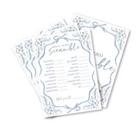 Bridal Word Scramble Game Cards, Blue Bow Hydrangea Elegant Minimalist Theme, Bridal Shower Engagement Party Activity with Answer Card, Wedding Reception Decorations 25 Pack, 11