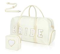 Bride Bag Bridal Shower Gifts 2 Pcs Wedding Weekender Tote Groom Duffel Chenille Letter Bag with Shoes Compartment Bachelorette Gifts for Bride to Be (White, Bride), White-Bride, Bride